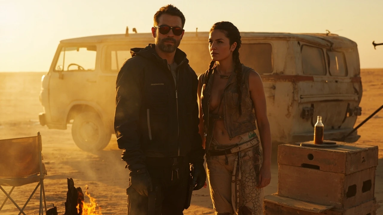 Two characters sharing a quiet moment in a desert camp, illustrating the Cyberpunk 2077 Panam romance
