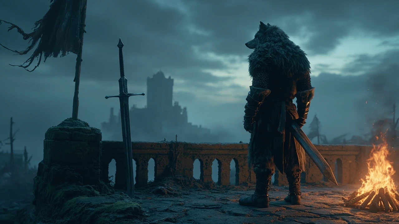 A lone wolf-cloaked warrior standing on a misty stone plateau at dusk, illustrating the blaidd questline in Elden Ring