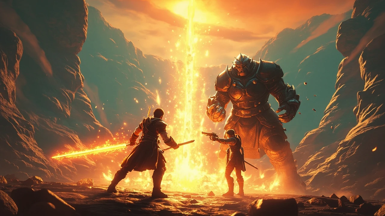 Tales of Arise walkthrough hero showing Alphen and Shionne facing a boss arena
