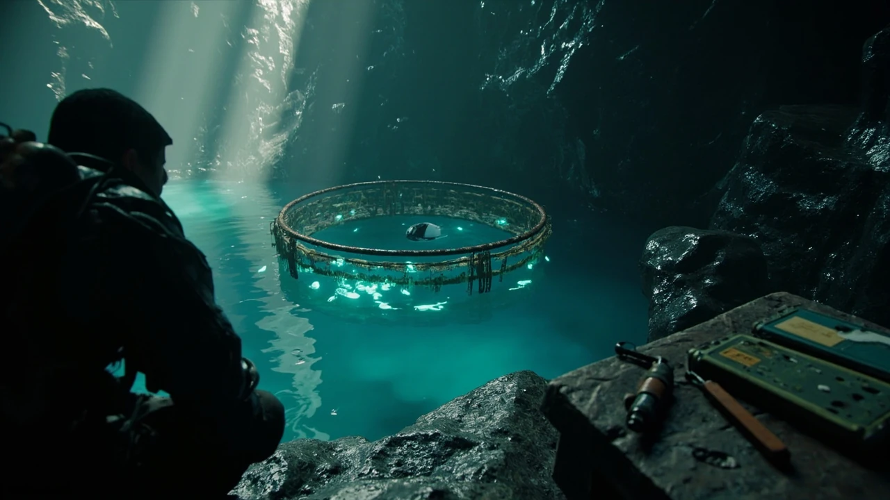 A player character studying tadpole pens subnautica 2 inside a flooded coastal cavern.